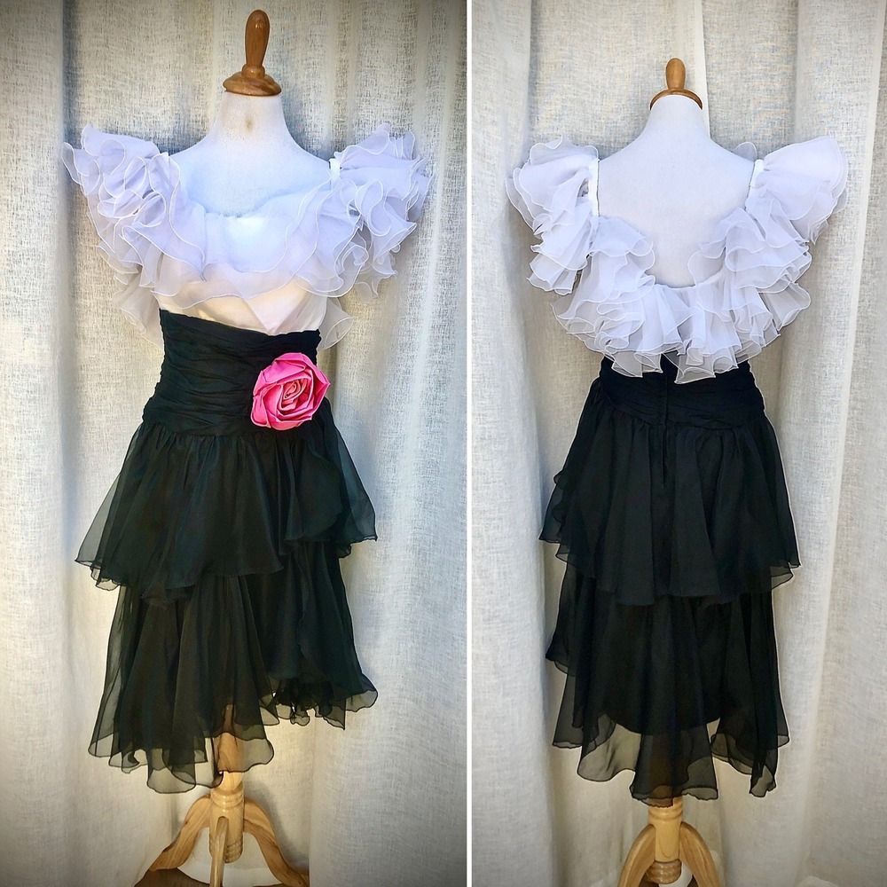 Eugene Alexander Black White Special Occasion Dress with tiered skirt, pink rose